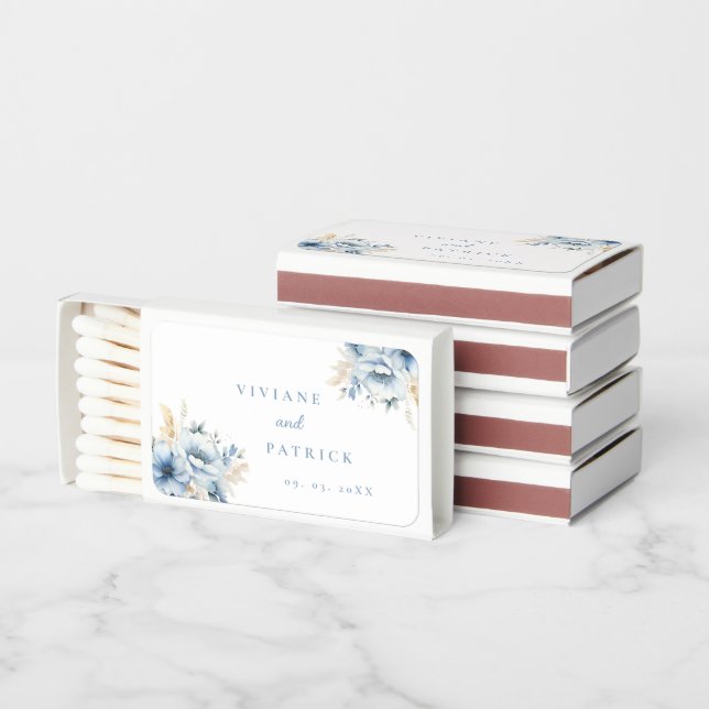 Dusty Blue Floral Geometric Frame Bloom Wedding  Matchboxes (Stacked)