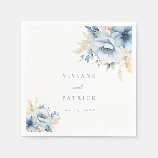 Dusty Blue Floral Geometric Frame Bloom Wedding  Napkins (Front)