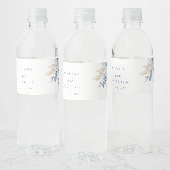 Dusty Blue Floral Geometric Frame Bloom Wedding  Water Bottle Label (Bottles)