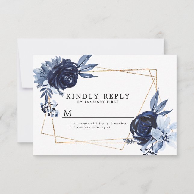Dusty Blue Floral Geometric Frame Wedding RSVP Card (Front)