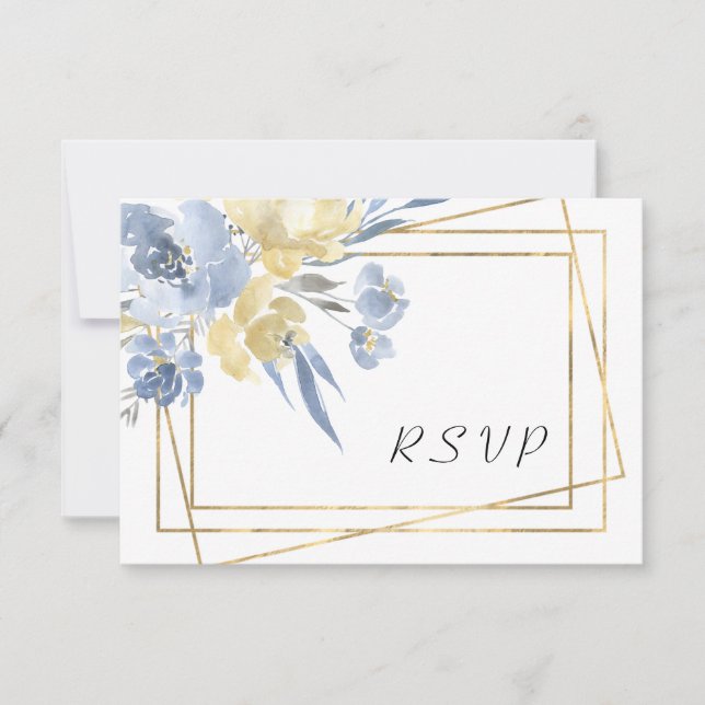 Dusty Blue Floral Geometric Gold Frame Wedding RSVP Card (Front)