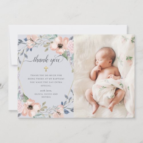Dusty Blue Floral Geometric  Photo Baptism Thank You Card