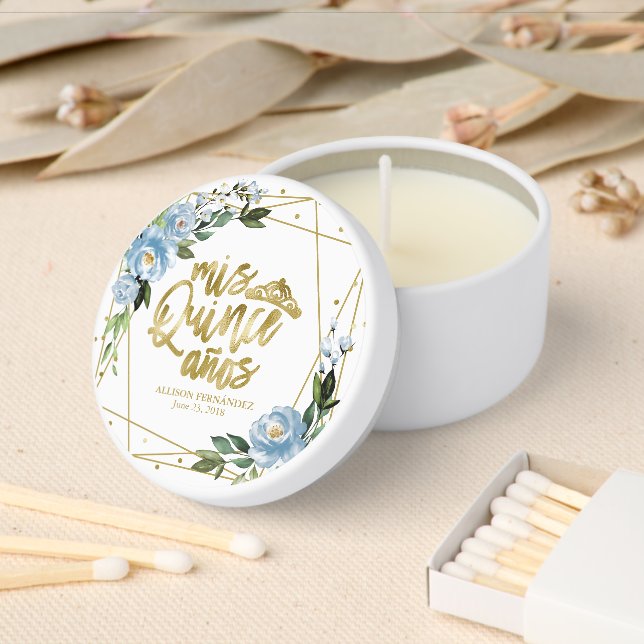 Dusty Blue Floral Geometric Quinceañera Mini Candle Favors (Insitu)