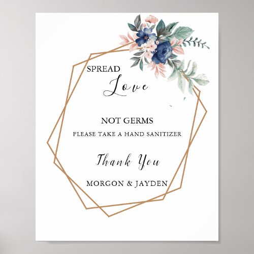 Dusty Blue Floral Geometric Wedding Hand Sanitizer Poster