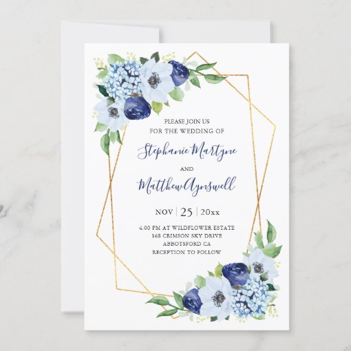 Dusty Blue Floral Geometric Wedding Invitation | Zazzle