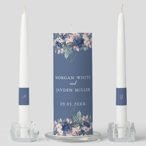 Dusty Blue Floral Geometric Wedding Unity Candle Set