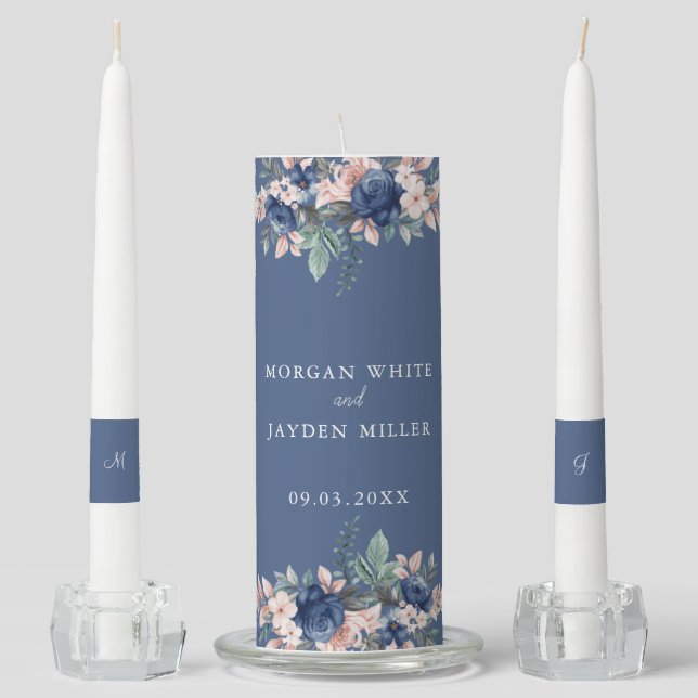 Dusty Blue Floral Geometric Wedding Unity Candle Set (Front)