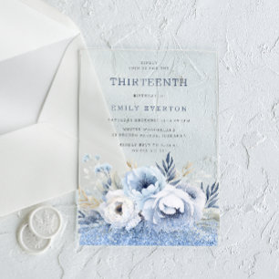 Dusty Blue Floral Girls 13th Birthday Party Acrylic Invitations