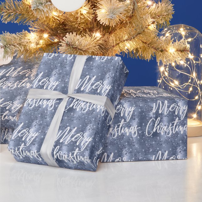 Dusty Blue Floral Glitter Merry Christmas Script Wrapping Paper (Holidays)