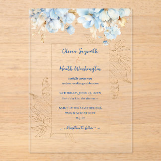Dusty Blue Floral Gold Acrylic Invitations