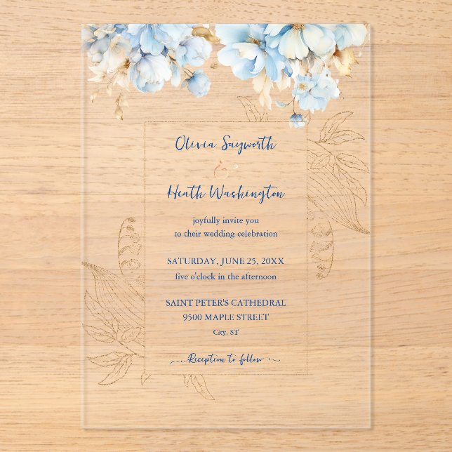 Dusty Blue Floral Gold Acrylic Invitations (Front)