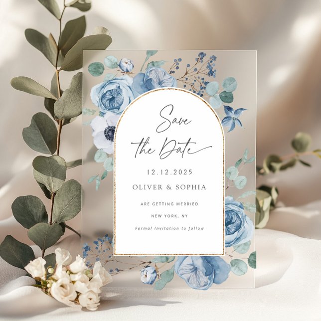 Dusty blue floral gold arch Save the date (Creator Uploaded)