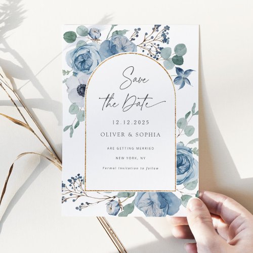Dusty blue floral gold arch Save the date Invitation