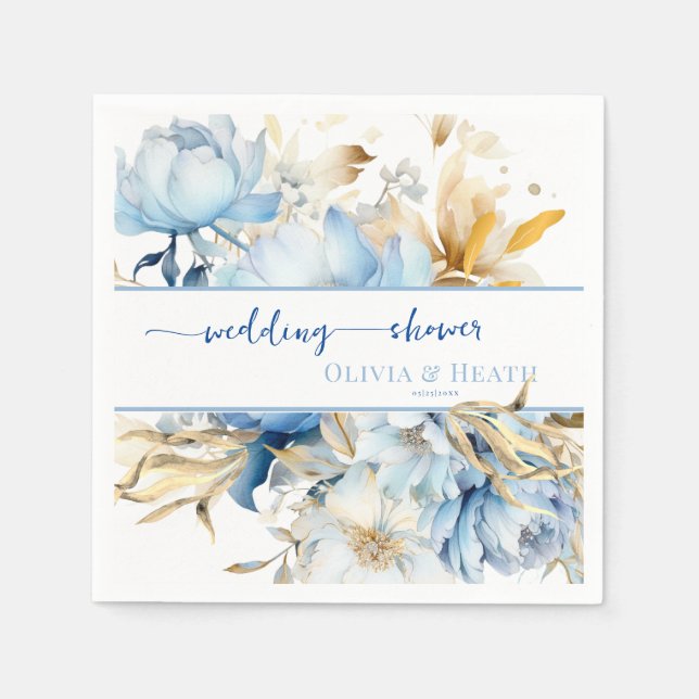 Dusty Blue Floral Gold Couples Shower Napkins (Front)