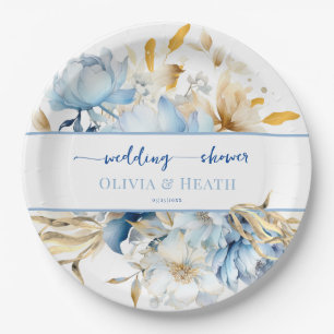 Dusty Blue Floral Gold Couples Shower Paper Plates