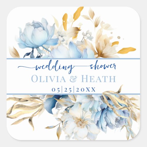 Dusty Blue Floral Gold Couples Shower Square Sticker