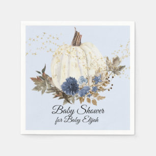 Dusty Blue Floral Gold Fall Pumpkin Baby Shower Napkins