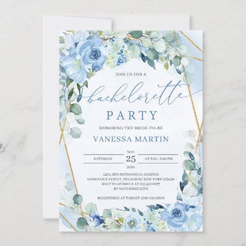Dusty Blue Floral Gold Geometric Bachelorette Invitation