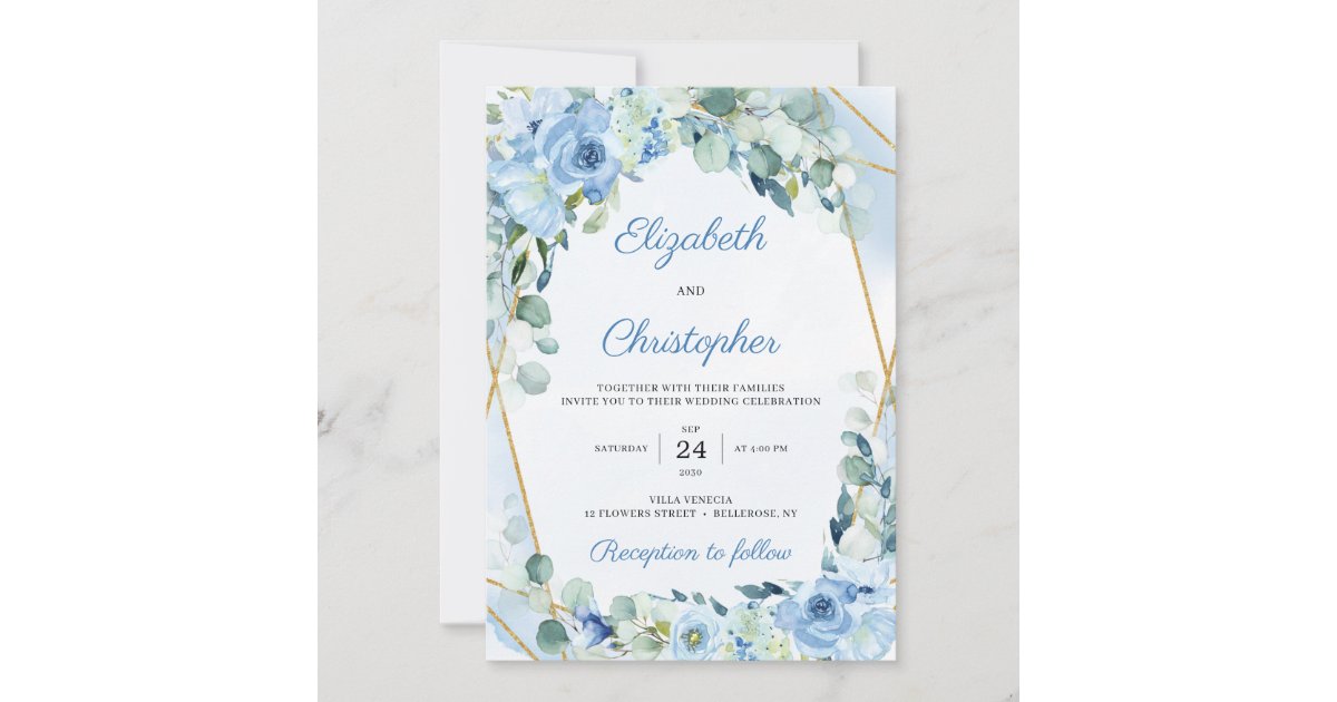 Dusty Blue Floral Gold Geometric Frame Wedding Invitation | Zazzle
