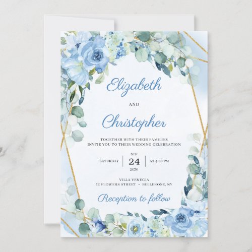 Dusty Blue Floral Gold Geometric Frame Wedding Invitation