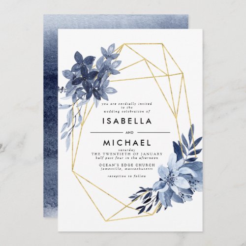 Dusty Blue Floral Gold Geometric Frame Wedding Invitation
