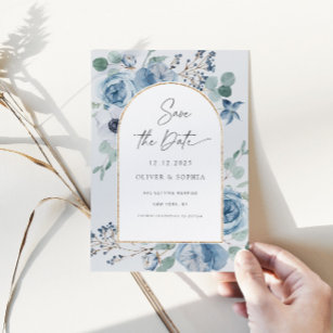 Dusty blue floral gold geometric Save the date Invitation