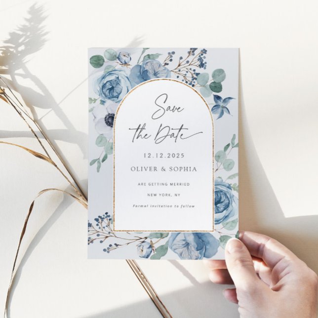 Dusty blue floral gold geometric Save the date Invitation (Creator Uploaded)