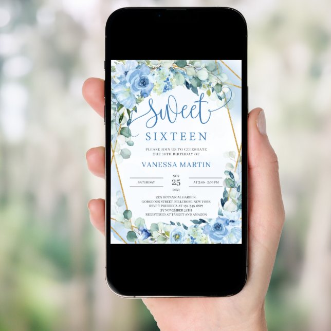 Dusty Blue Floral Gold Geometric Sweet Sixteen Invitation (Front Digital)