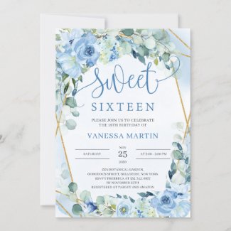 Dusty Blue Floral Gold Geometric Sweet Sixteen Invitation