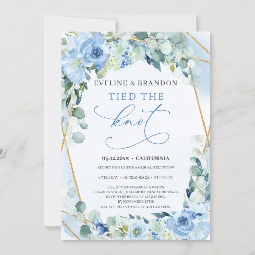 Dusty Blue Floral Gold Geometric Tied the Knot Invitation