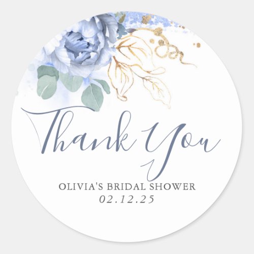 Dusty Blue Floral Gold Greenery Thank You Classic Round Sticker