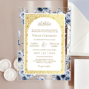 Dusty Blue Floral Gold Pattern Muslim Wedding Acrylic Invitations