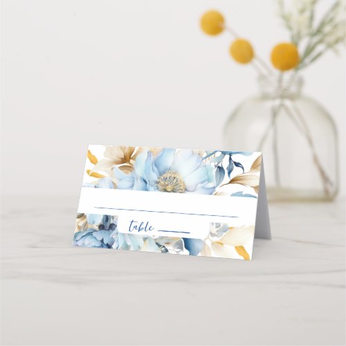 Dusty Blue Floral Gold Place Card