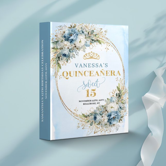 Dusty Blue Floral Gold Quinceañera Scrapbook Binde 3 Ring Binder (Dusty Blue Floral Gold Quinceañera Scrapbook Binder)