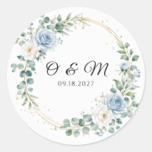 Dusty Blue Floral Gold Round Wedding Sticker