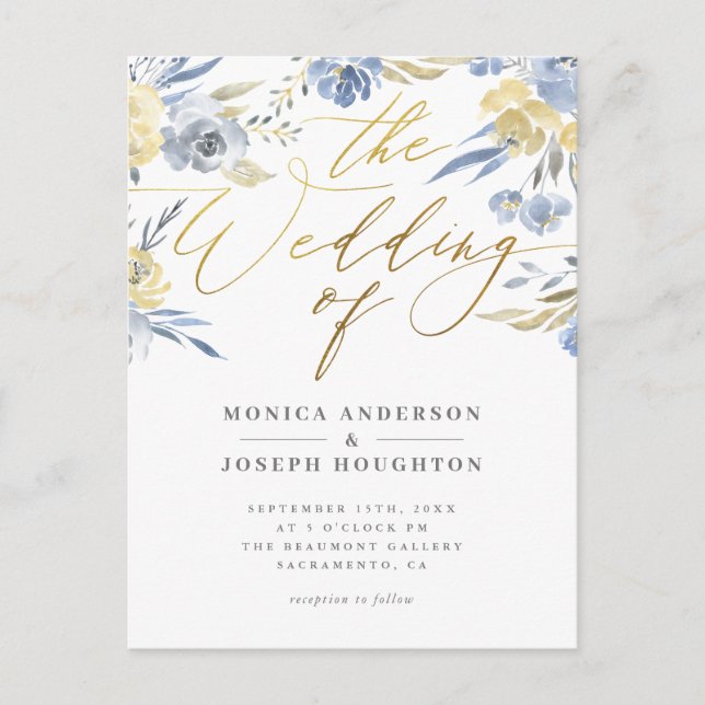 Dusty Blue Floral Gold Script Wedding Invitation Postcard (Front)