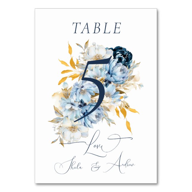 Dusty Blue Floral Gold Table Number (Front)