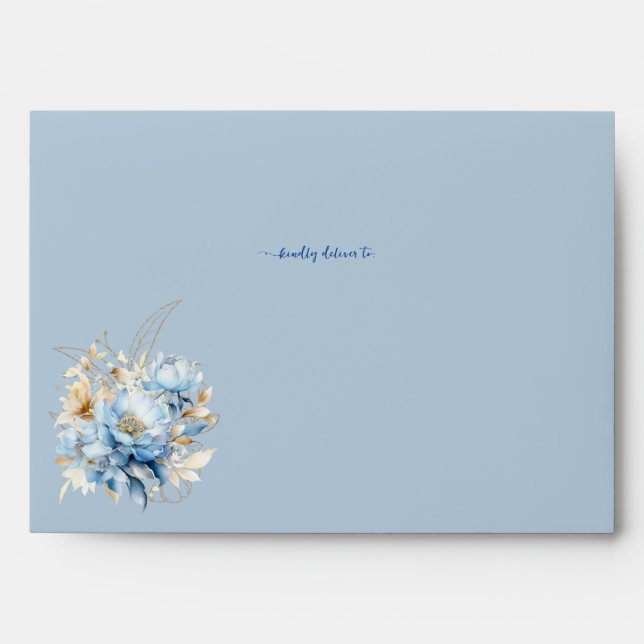 Dusty Blue Floral Gold  Watercolor Floral Envelope (Front)
