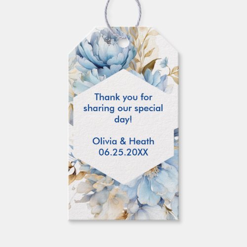 Dusty Blue Floral Gold Wedding 2 Gift Tags