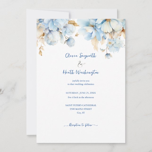 Dusty Blue Floral Gold Wedding 2 Invitation (Front)