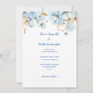 Dusty Blue Floral Gold Wedding 2 Invitation