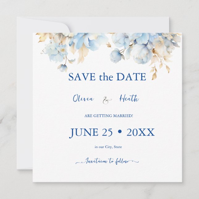 Dusty Blue Floral Gold Wedding 2 Save The Date (Front)