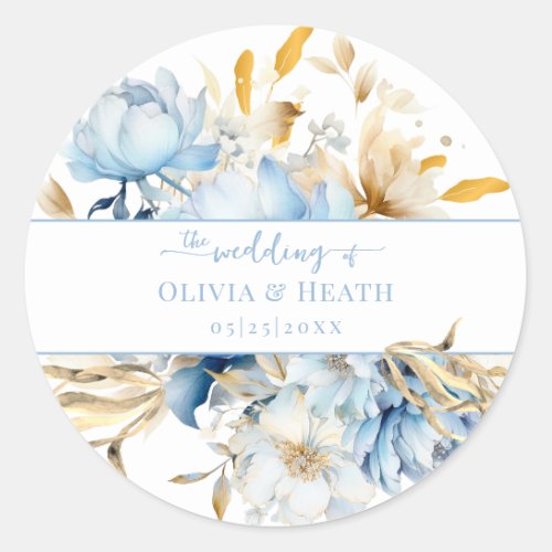 Dusty Blue Floral Gold Wedding Classic Round Sticker