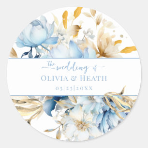 Dusty Blue Floral Gold Wedding Classic Round Sticker