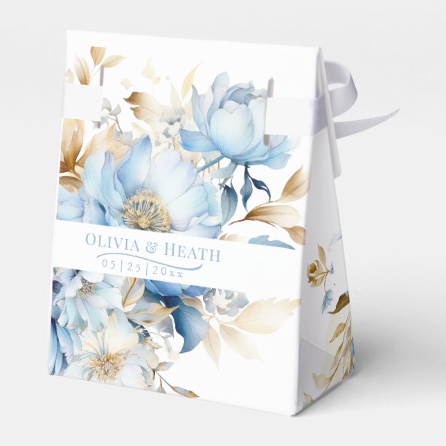 Dusty Blue Floral Gold Wedding  Favor Box (Back Side)