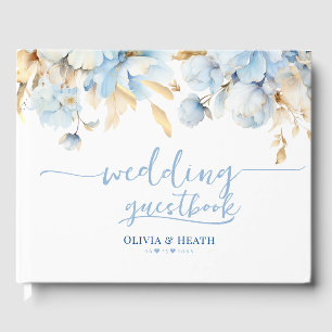 Dusty Blue Floral Gold Wedding Guest Book