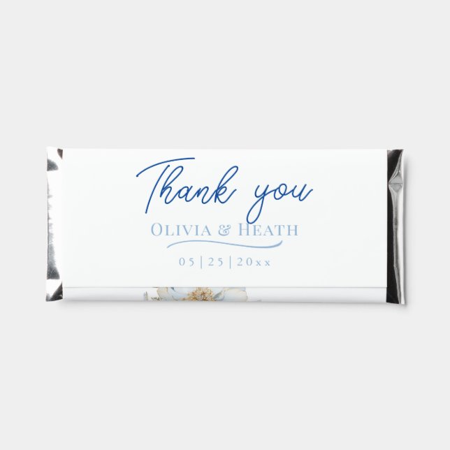 Dusty Blue Floral Gold Wedding Hershey Bar Favors (Back)