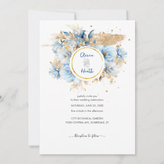 Dusty Blue Floral Gold Wedding Invitation