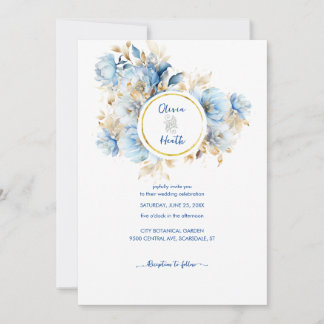 Dusty Blue Floral Gold Wedding Invitation