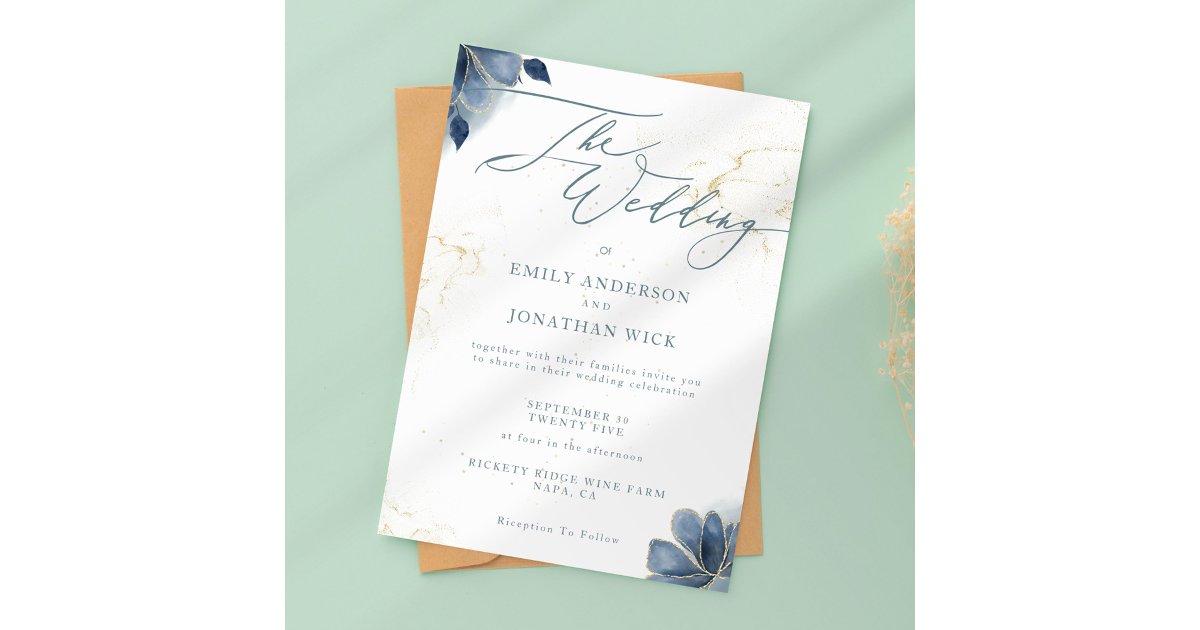 Dusty Blue Floral Gold Wedding Invitation | Zazzle